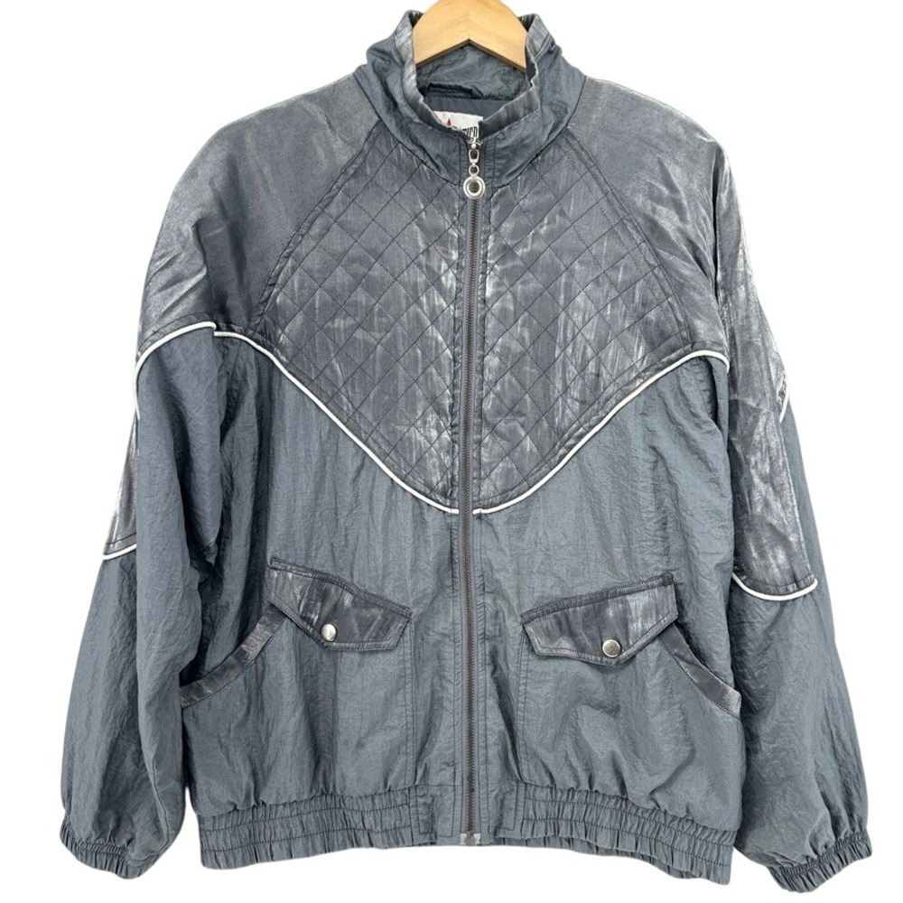VTG Active Frontier Windbreaker Jacket 90s Gray Quilted Metallic SZ M Grannycore